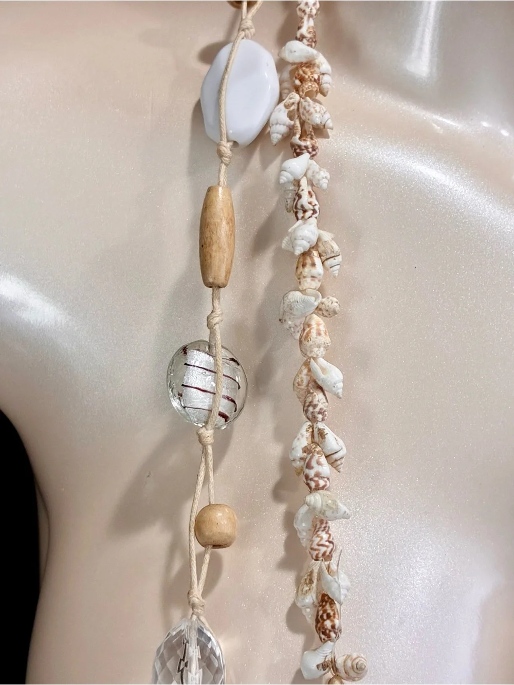 Stackable Beach Chic White & Tan Layered Shell & Bead Textured Necklace Lot of 2
